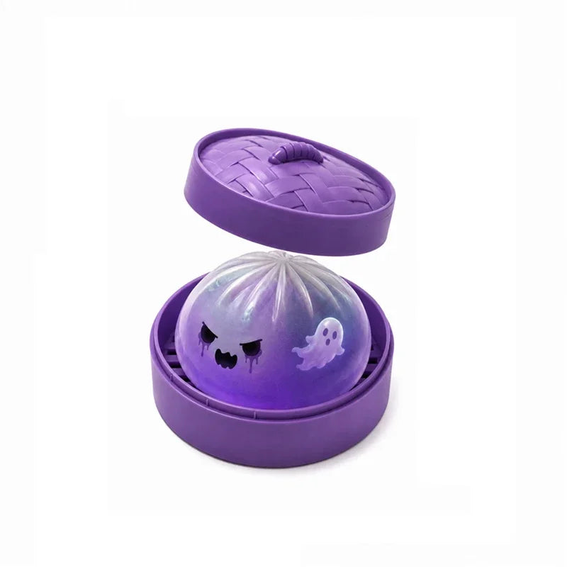 Purple ghost squishy stress toy in purple open case with ghost icon