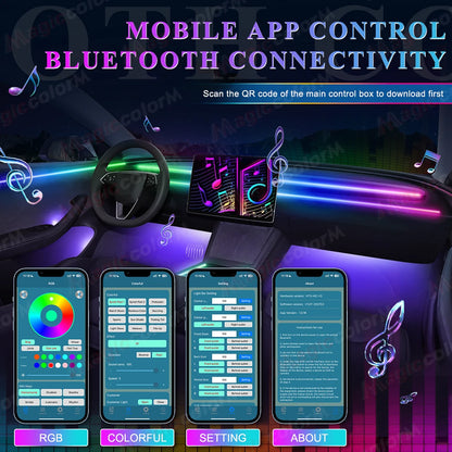 Bluetooth app control interface for RGB ambient light kit with phone screens and music icons