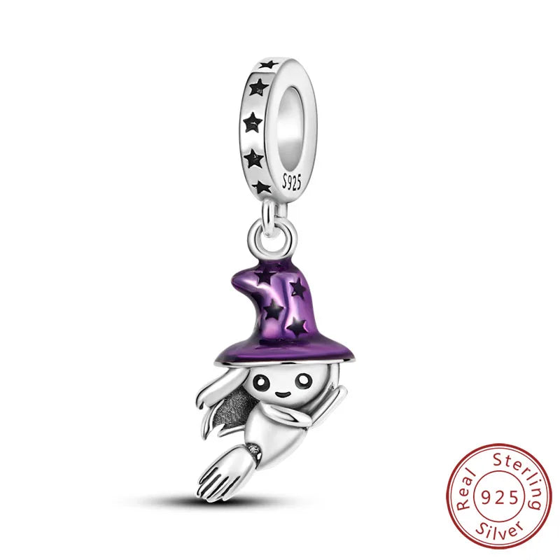925 sterling silver Halloween charm bead with starry purple witch hat and cute figure