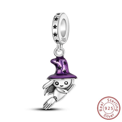 925 sterling silver Halloween charm bead with starry purple witch hat and cute figure