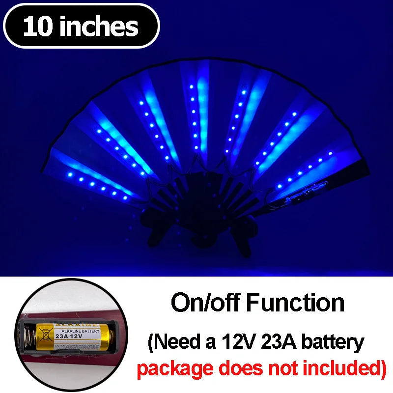 10-inch LED folding hand fan with blue light strips and black folding handle