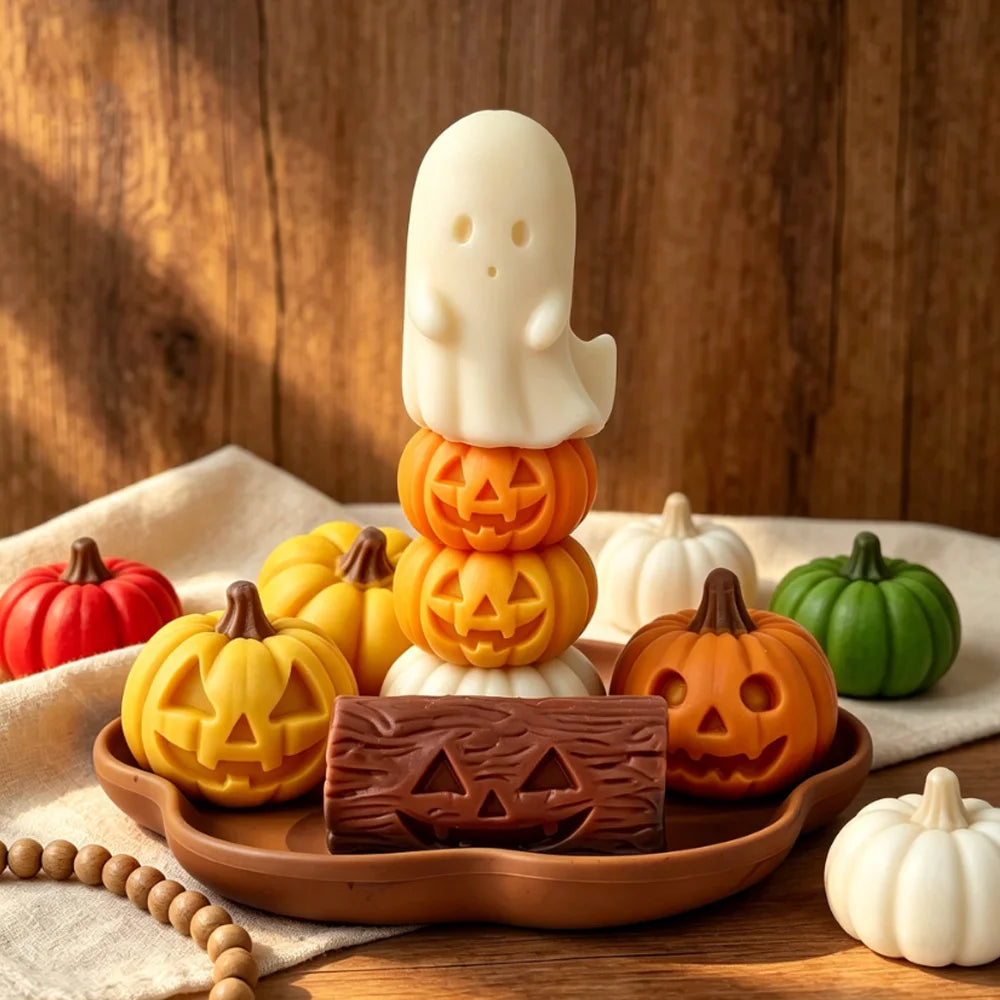 Tall white ghost candle over stacked orange jack-o’-lantern candle pieces
