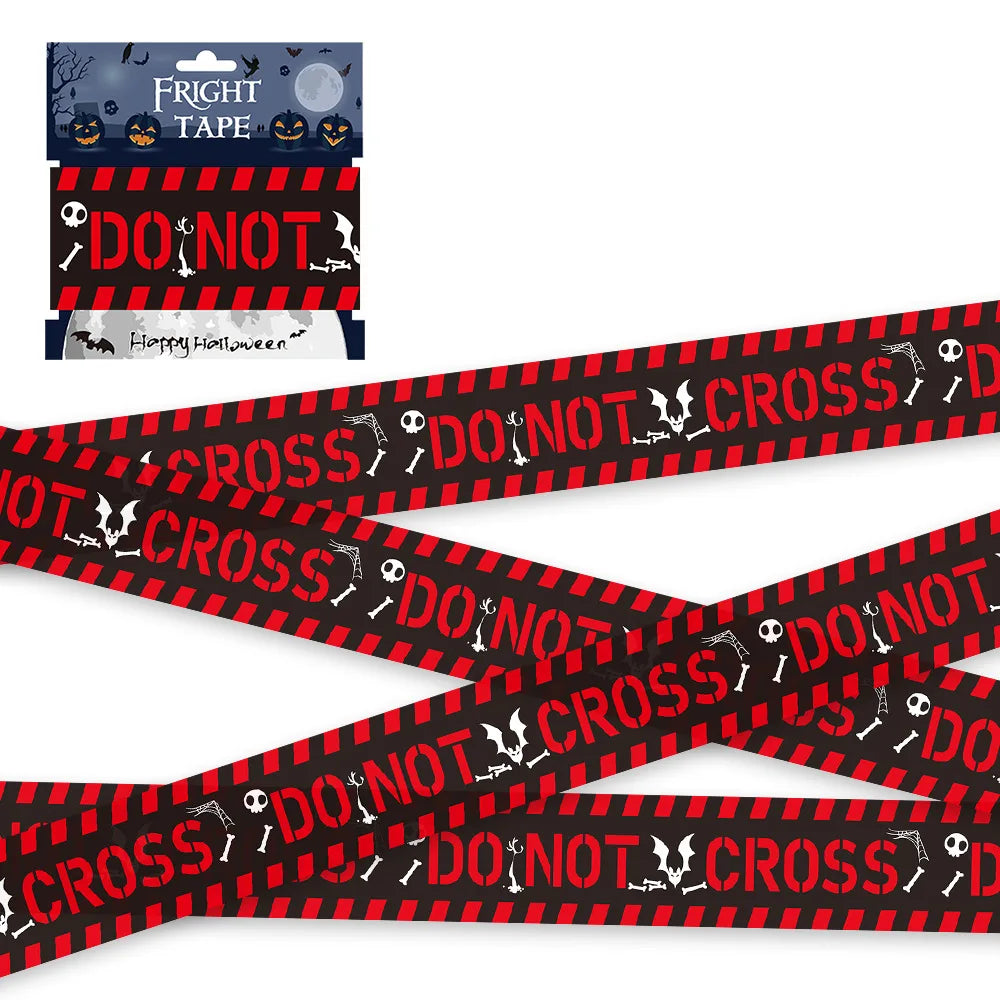 Halloween warning tape, black and red "DO NOT CROSS" text with skull icons
