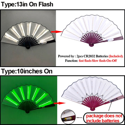 Folding LED hand fan shown with white LED and green LED modes