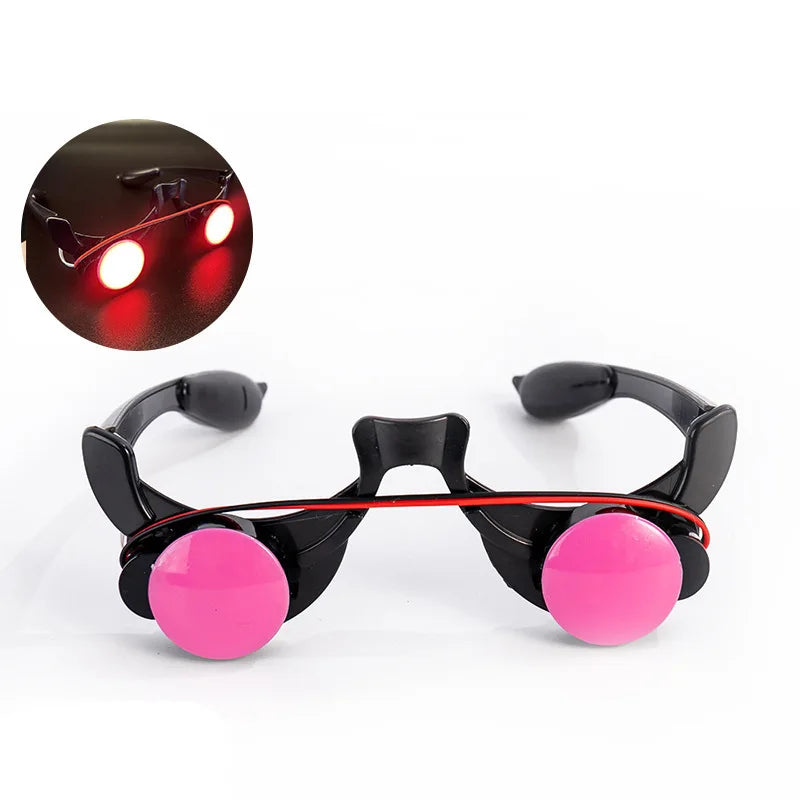 Glowing-eye novelty glasses with black frame and pink circular lenses
