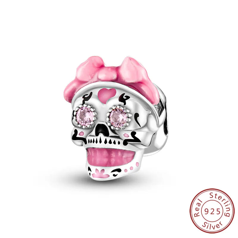 925 sterling silver Halloween charm bead of a pink sugar skull with crystal eyes