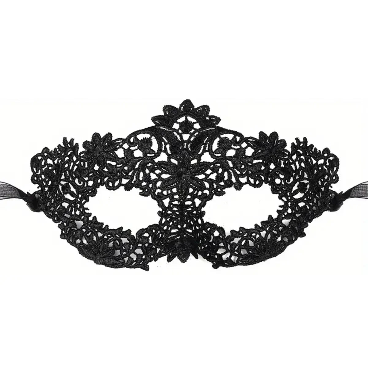 Black lace masquerade eye mask with floral cutout pattern and ribbon ties