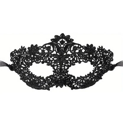 Black lace masquerade eye mask with floral cutout pattern and ribbon ties