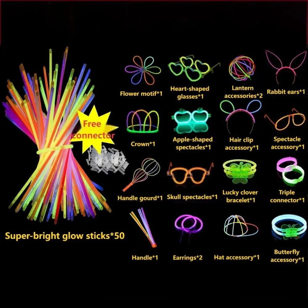 Glow stick party set assortment with super-bright glow sticks and multiple light-up accessory types