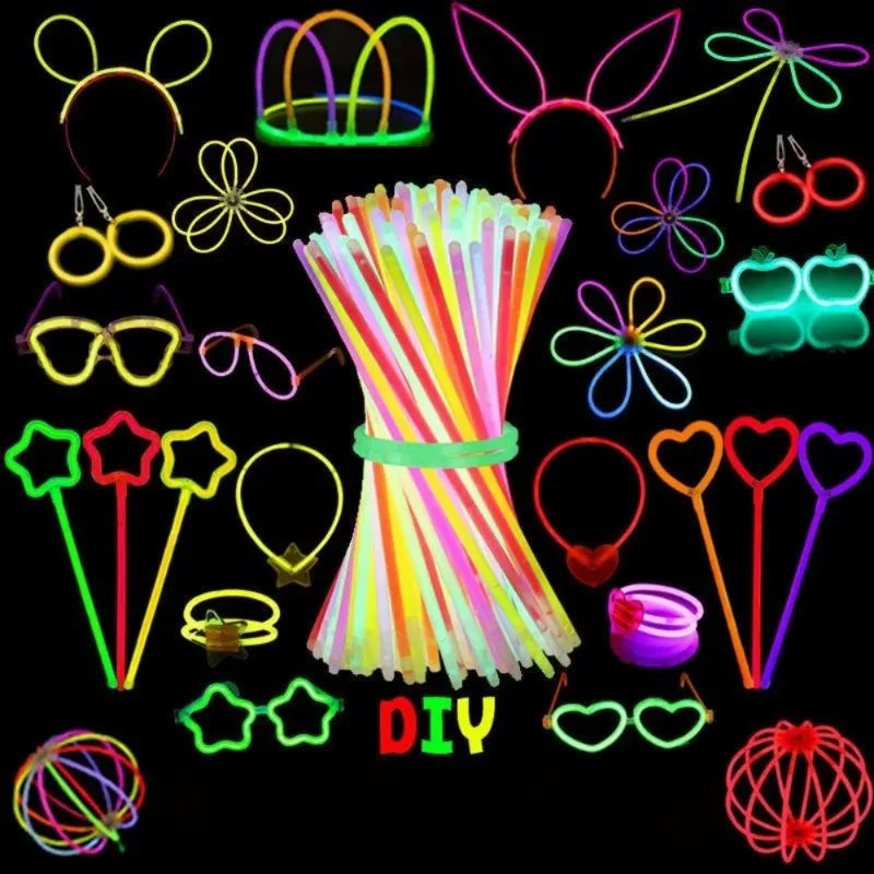 Glow stick party set with rainbow glow sticks, light-up headbands, and shape glasses