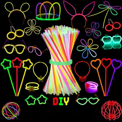 Glow stick party set with rainbow glow sticks, light-up headbands, and shape glasses