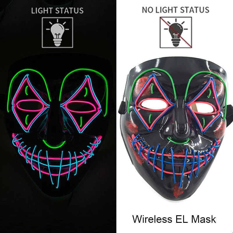 Neon LED purge mask with green and blue glowing eyes and multicolor stitched grin