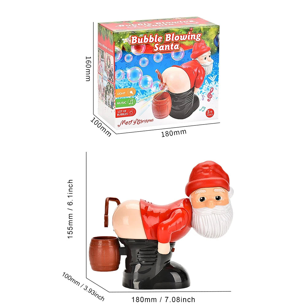Santa bubble blower toy with packaging box and size diagram, purple bottle
