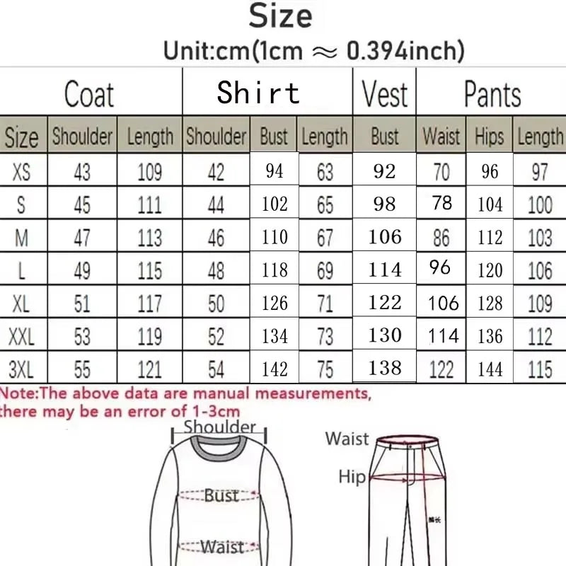 Size chart for coat, shirt, vest, and pants measurements in cm