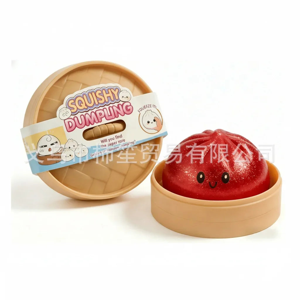 Red dome-shaped squishy fidget toy with cute face, in round beige container.