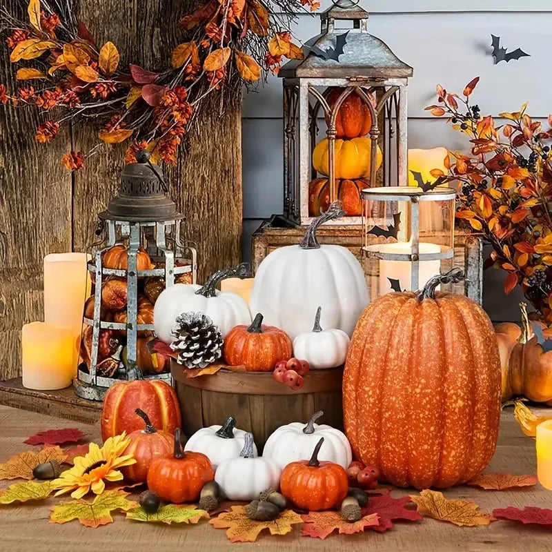 Artificial pumpkin decor set: orange faux pumpkins styled on a fall table display.