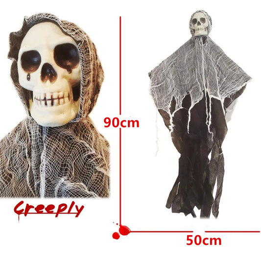Hanging skull prop with hood and white skeleton face, creepy stitched details