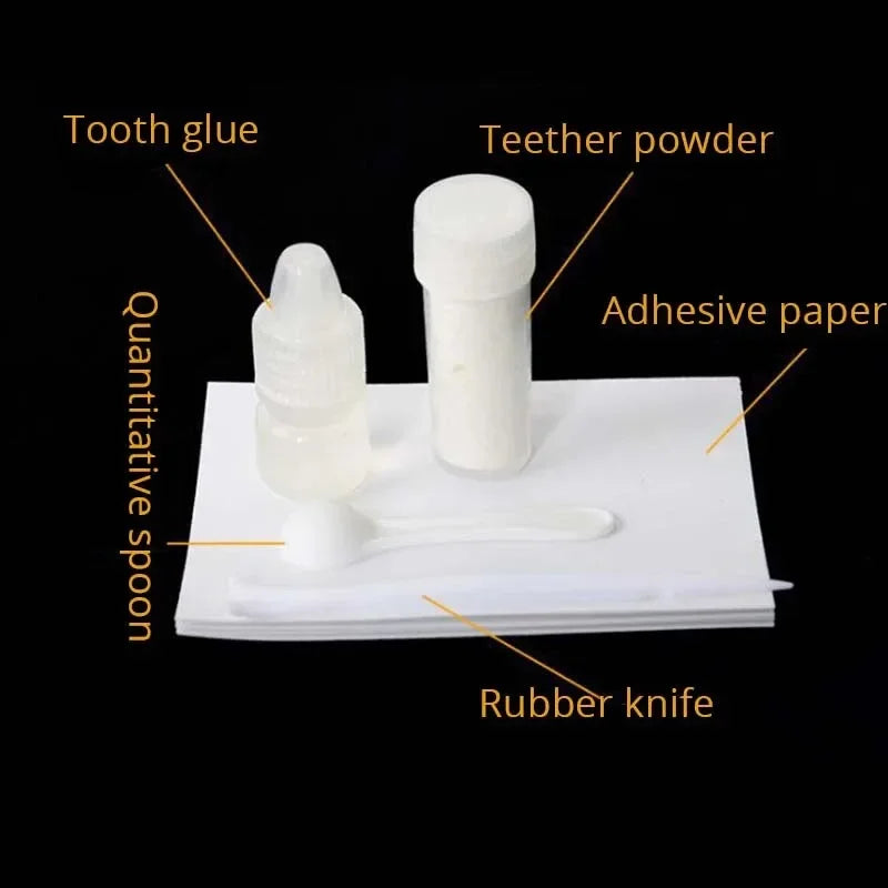 Clear tooth glue, powder, adhesive paper, rubber knife, and optional gum applicators