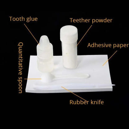 Clear tooth glue, powder, adhesive paper, rubber knife, and optional gum applicators
