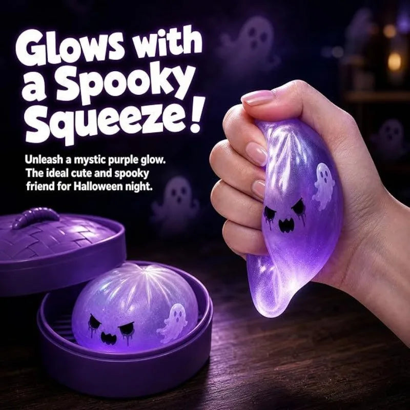 Purple ghost squishy stress toy in open teal case, held in a hand with glowing effect