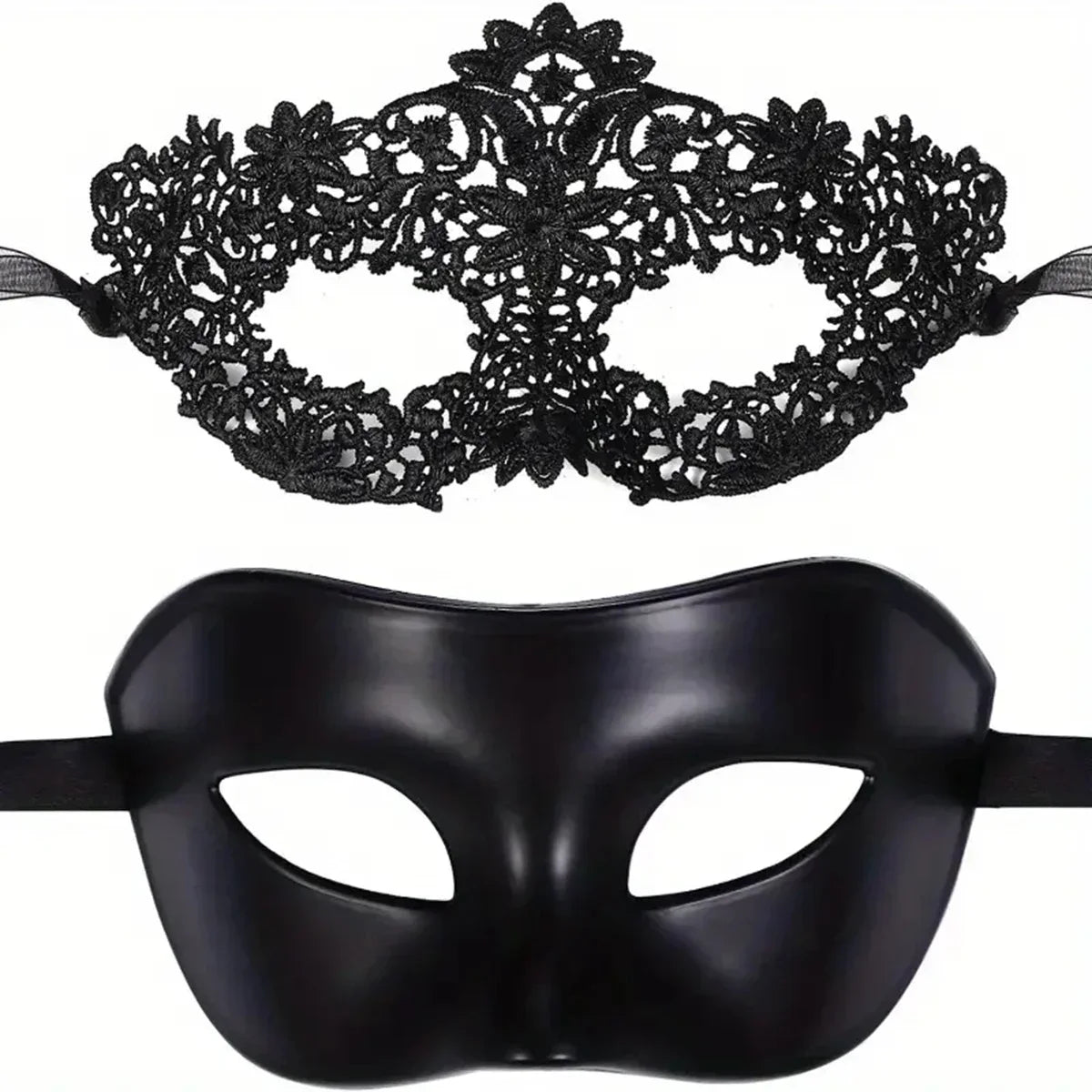Black lace masquerade eye mask with scalloped design and black molded eye mask