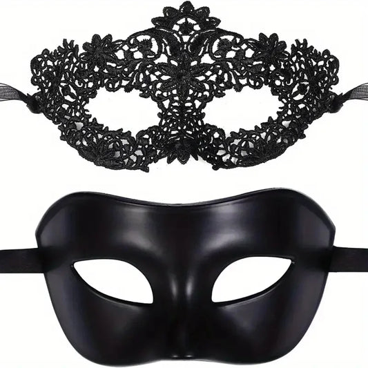Black lace masquerade eye mask with scalloped design and black molded eye mask