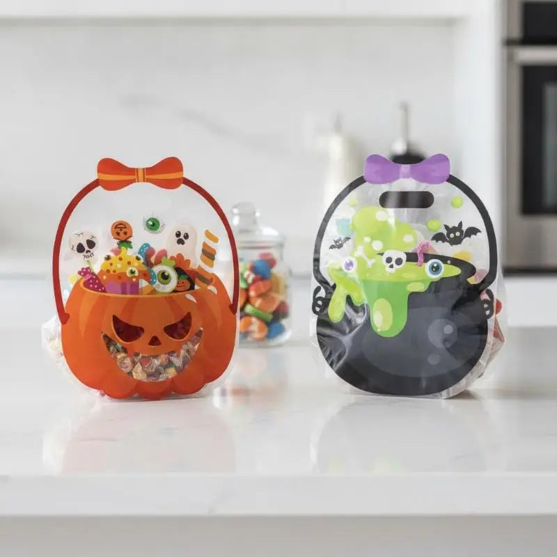 Halloween zipper candy bags, orange pumpkin and dark green slime design, two bags