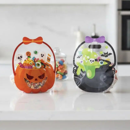 Halloween zipper candy bags, orange pumpkin and dark green slime design, two bags