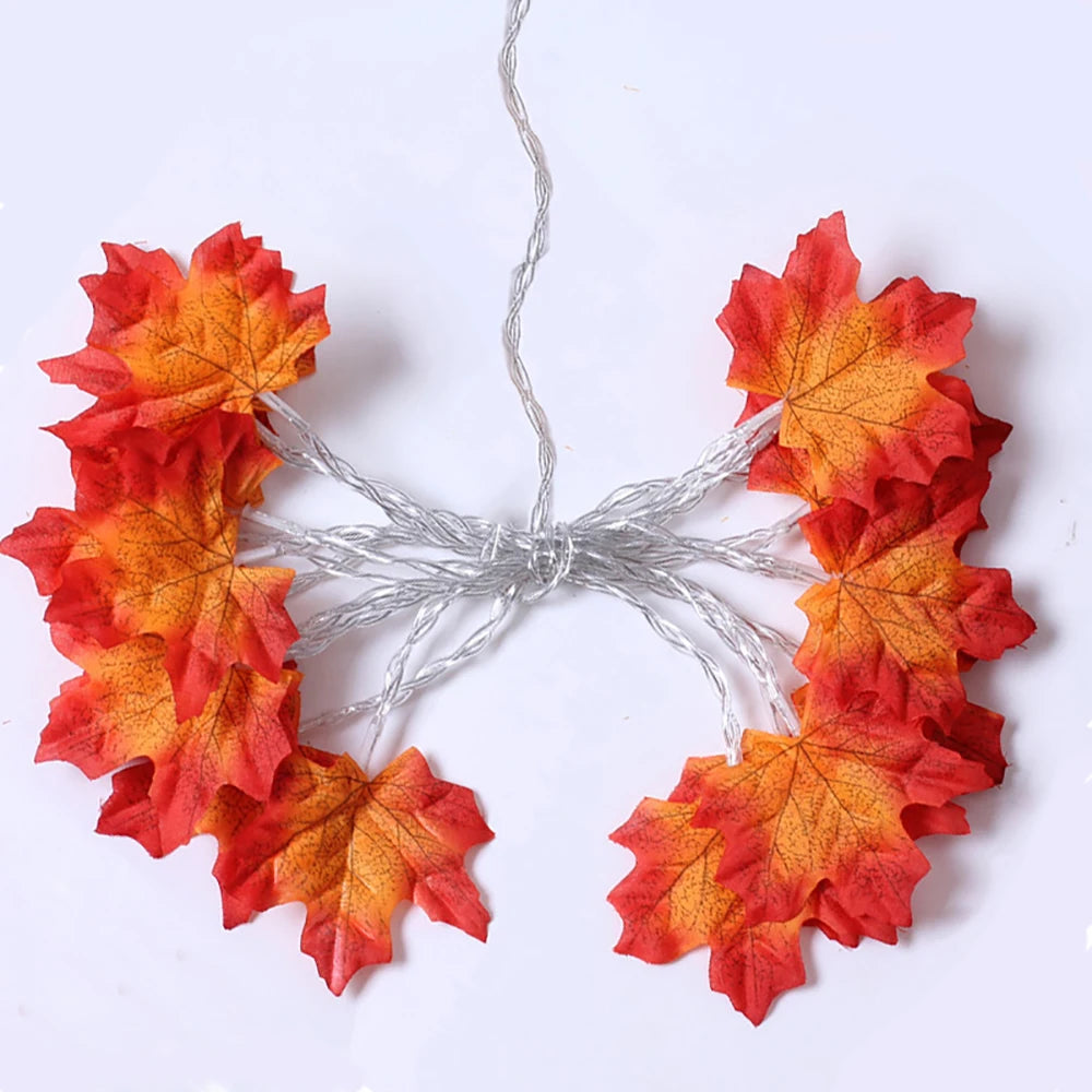 Maple leaf lantern garland string lights with bright red and orange leaf lanterns