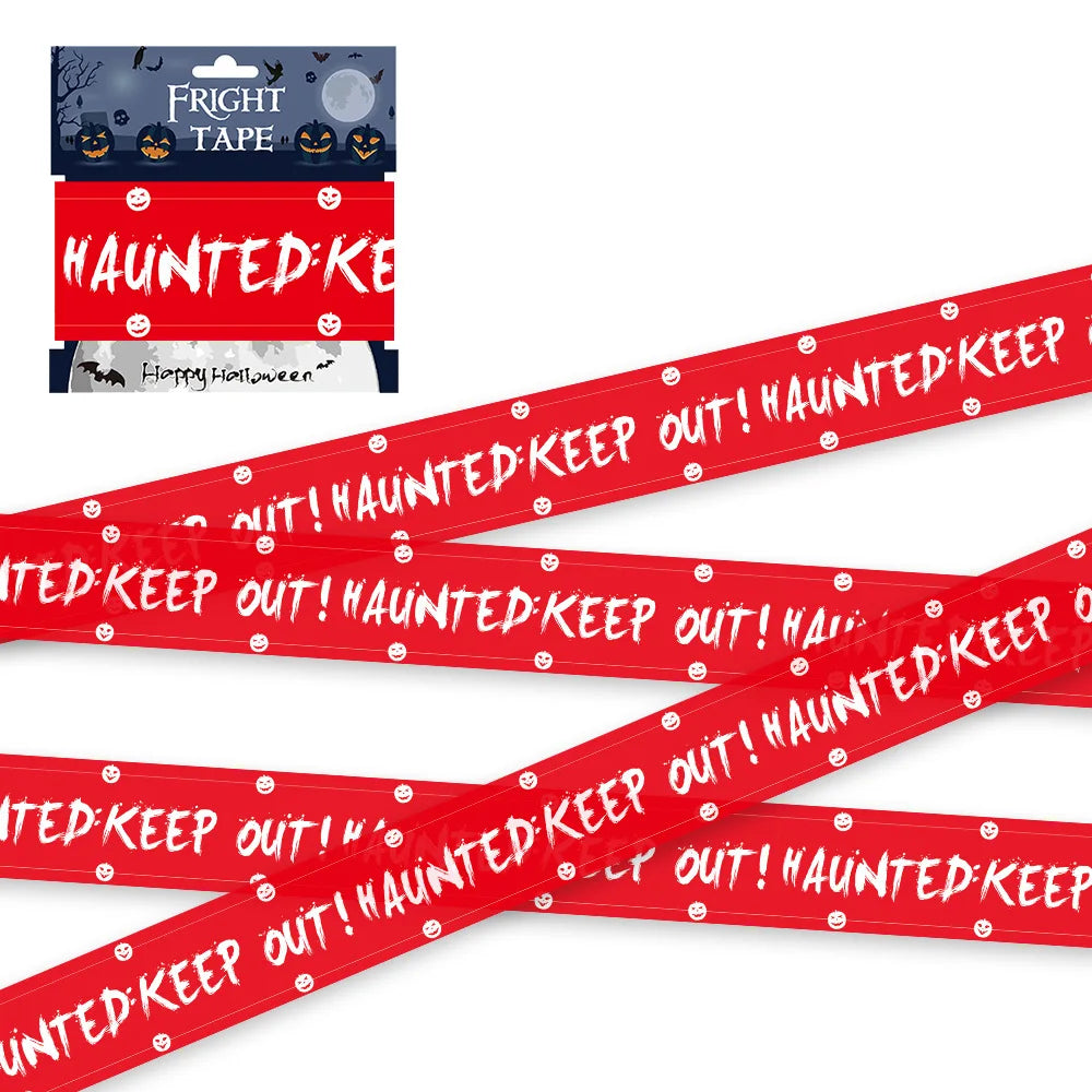 Red Halloween warning tape: repeating 'HAUNTED KEEP out!' text with skull icons