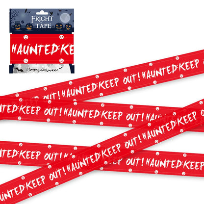 Red Halloween warning tape: repeating 'HAUNTED KEEP out!' text with skull icons