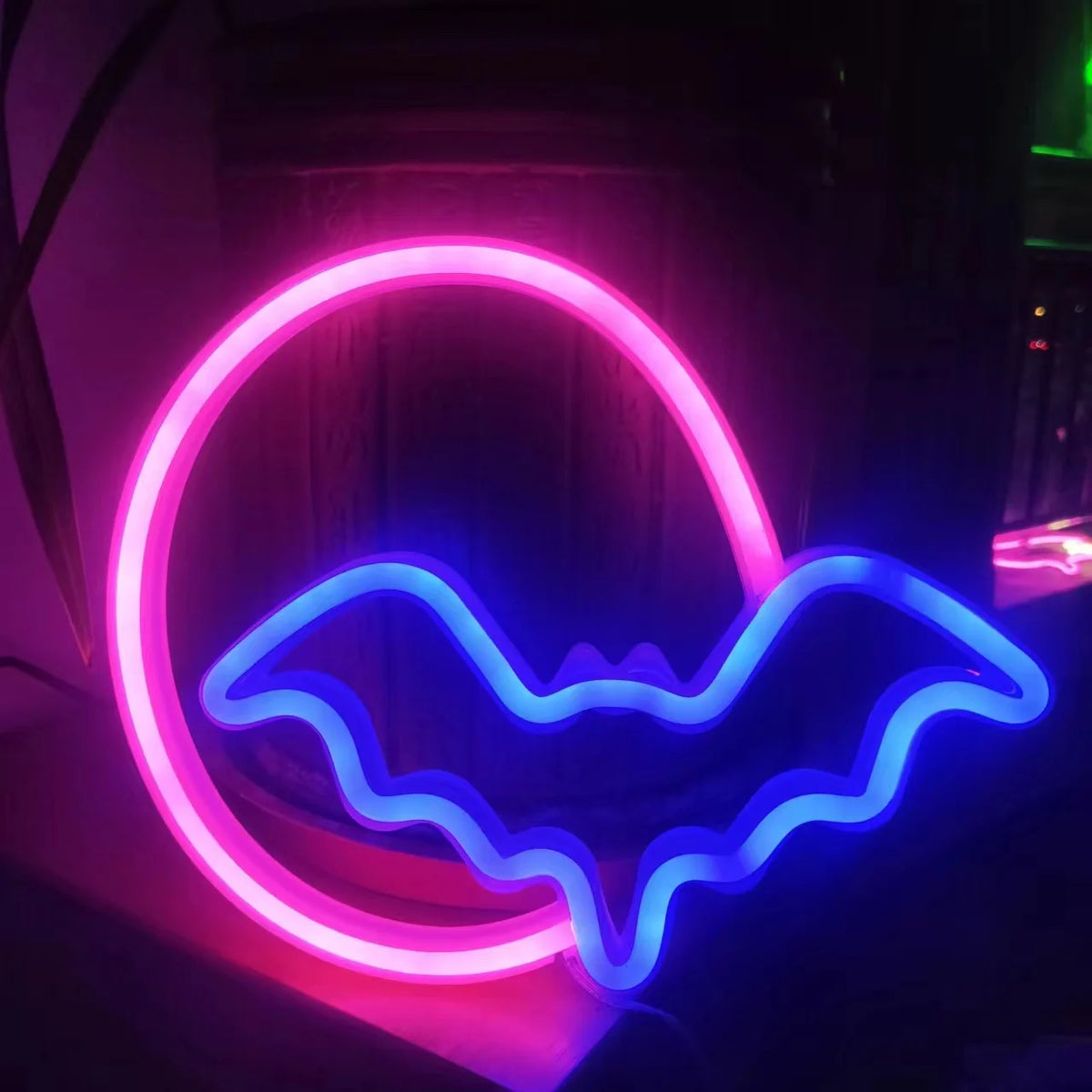 LED neon bat wall decor with pink ring and blue bat