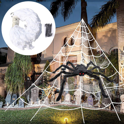 Stretchable triangle spider web décor with large white web and black spider