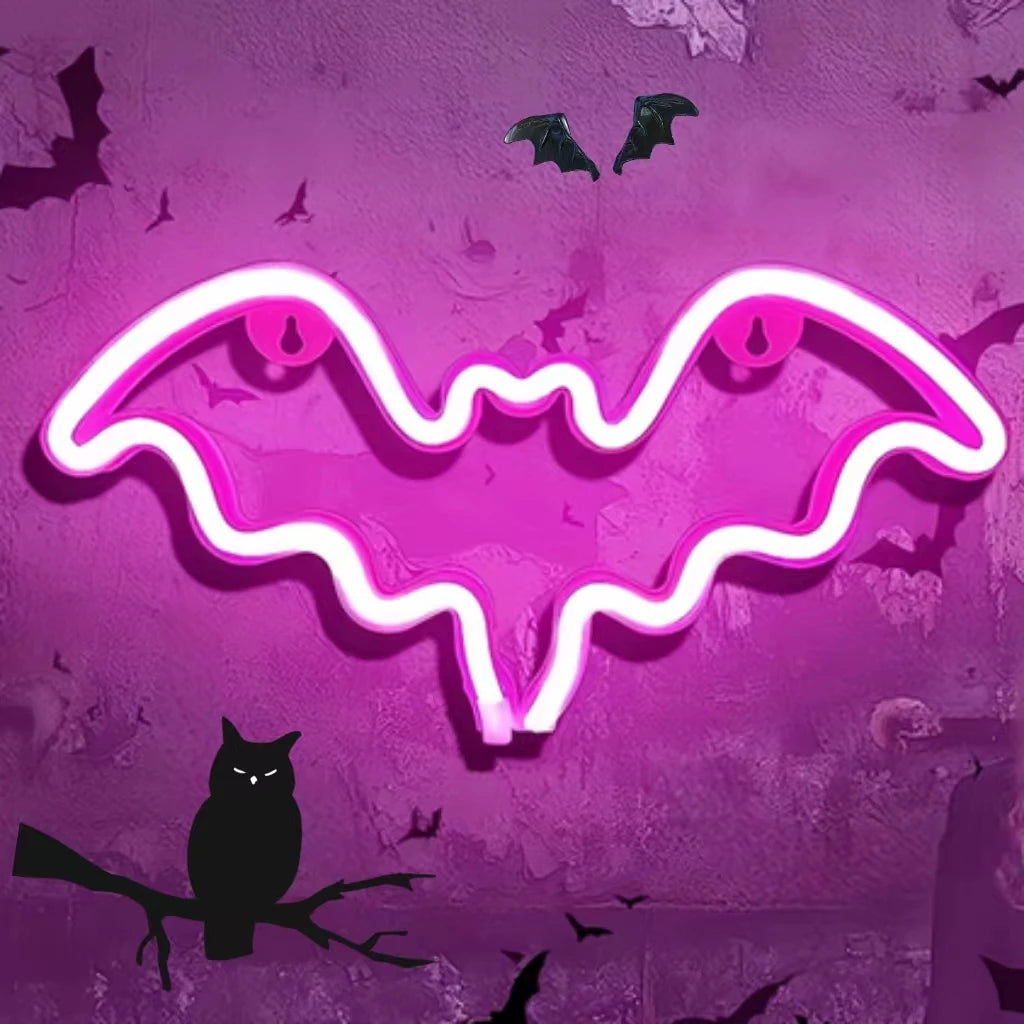 Pink LED bat-spirit neon wall decor with glowing eyes and scalloped wings