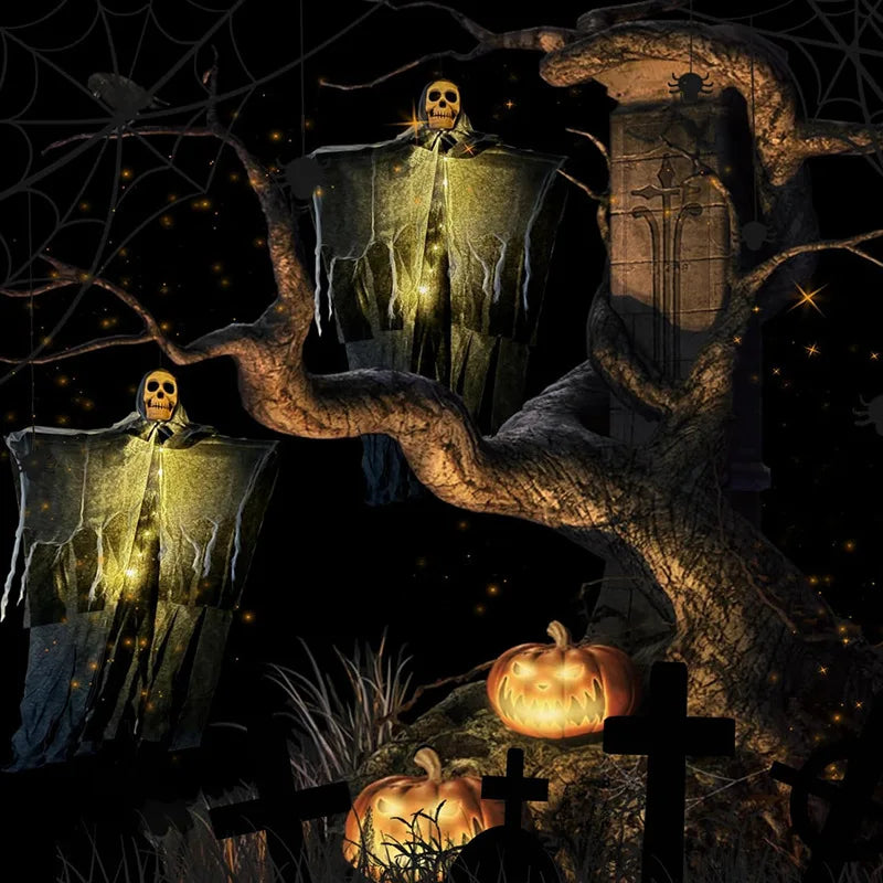 Glowing skeleton gauze hanging ghost set with illuminated skull faces