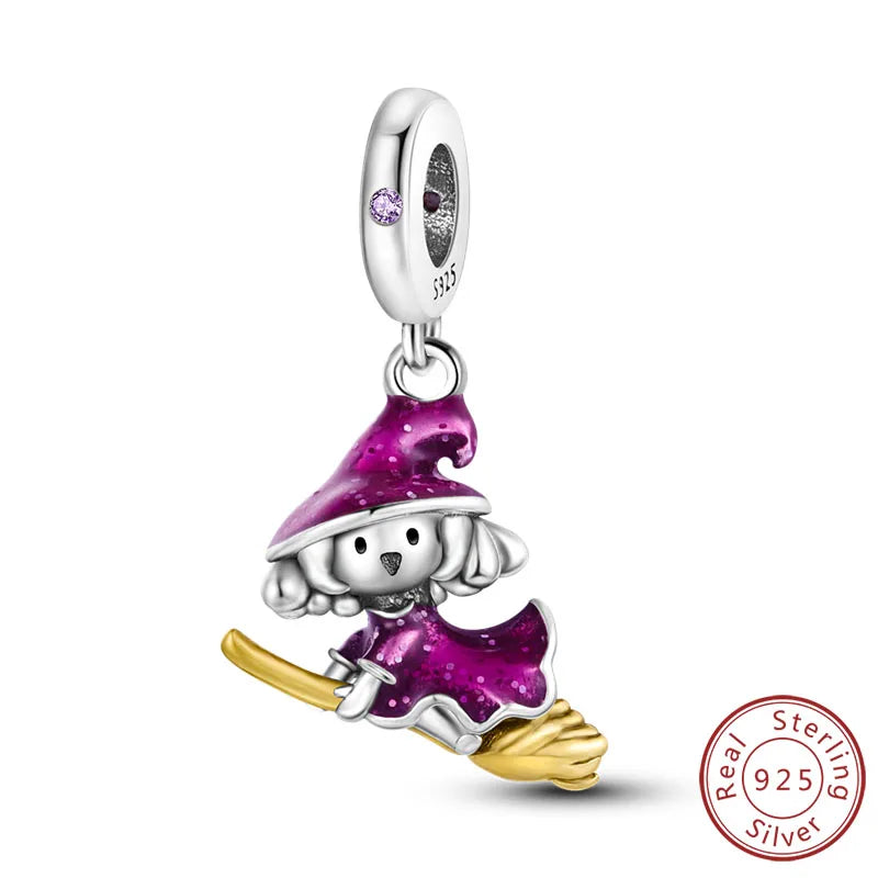 925 sterling silver witch charm bead with purple enamel hat and hanging loop