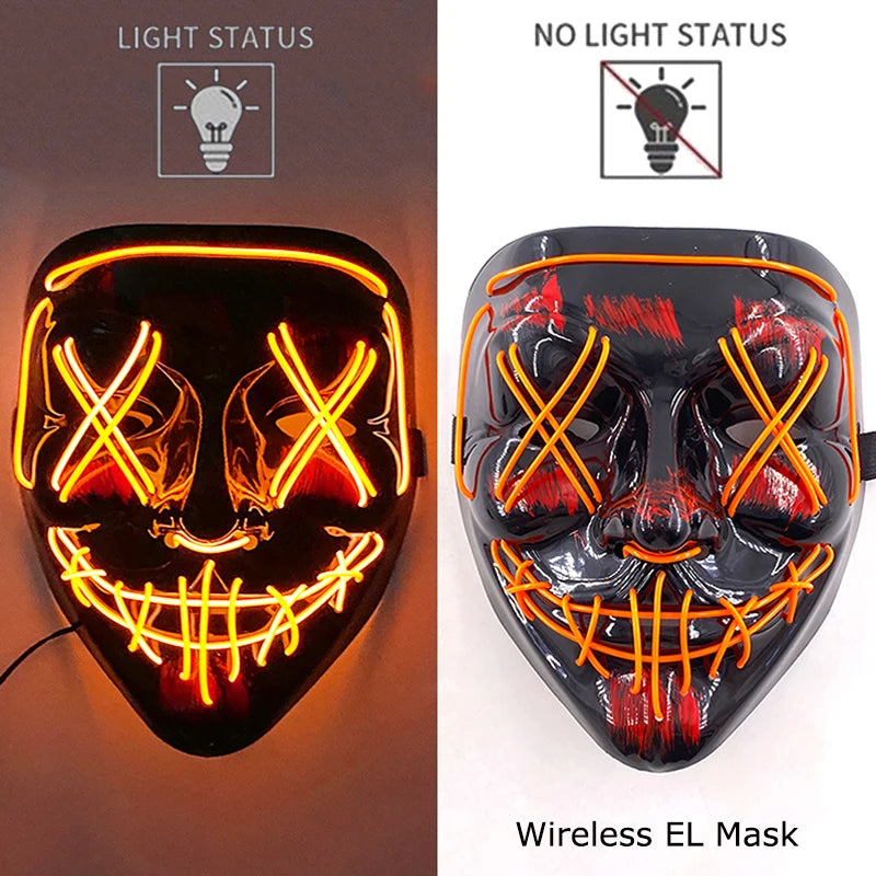 Black Halloween purge mask with orange neon EL light face grid and teeth details