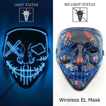Neon LED purge mask with blue glowing eyes, grin, and stitched mouth bars