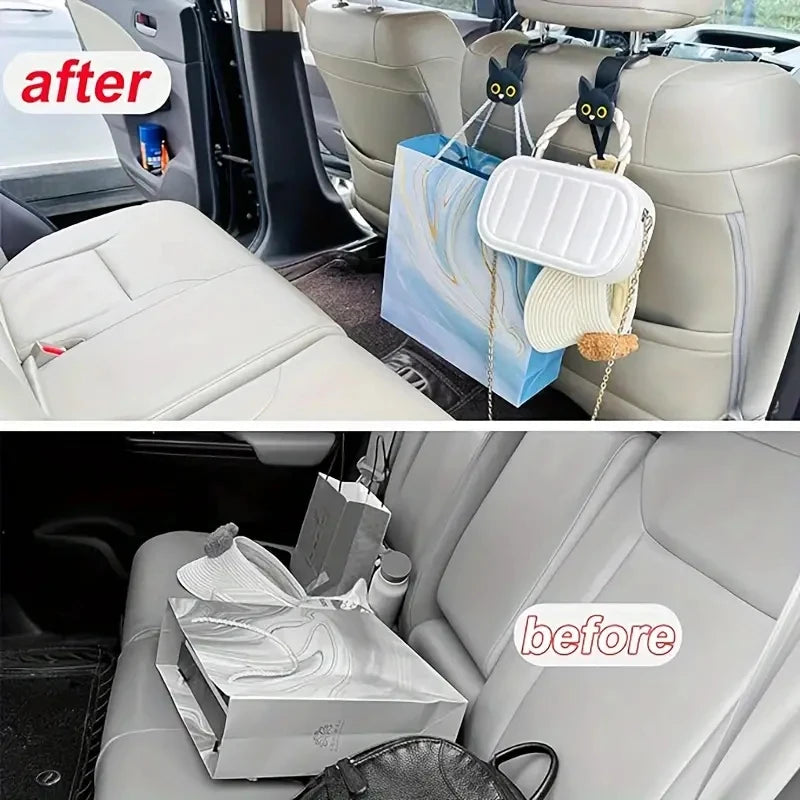 Car headrest hooks set with two black cat figures holding a hanging organizer bag