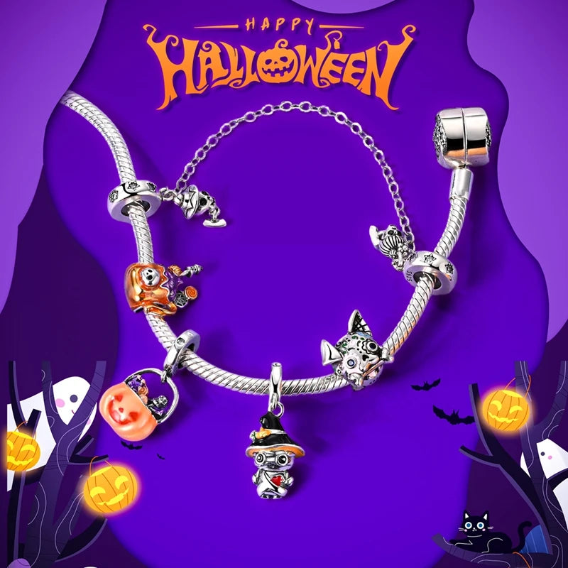 925 sterling silver Halloween charm bracelet with multiple pumpkin, cat, and witch-themed charms