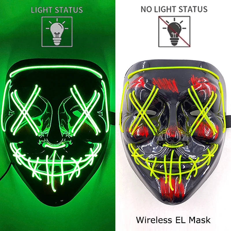 Black Halloween purge mask with green and yellow neon EL light eyes and teeth
