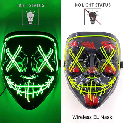 Black Halloween purge mask with green and yellow neon EL light eyes and teeth