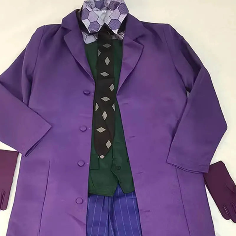 Men's purple coat with green patterned vest and dark diamond-print necktie