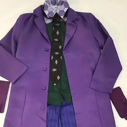 Men's purple coat with green patterned vest and dark diamond-print necktie