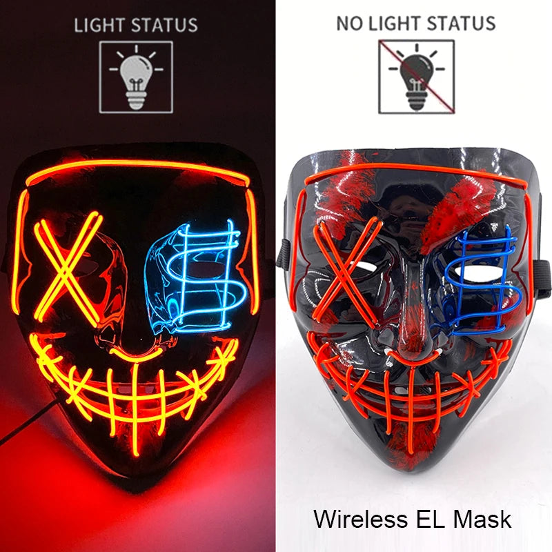 Black Halloween purge mask with red and blue neon EL light eyes and mouth bars