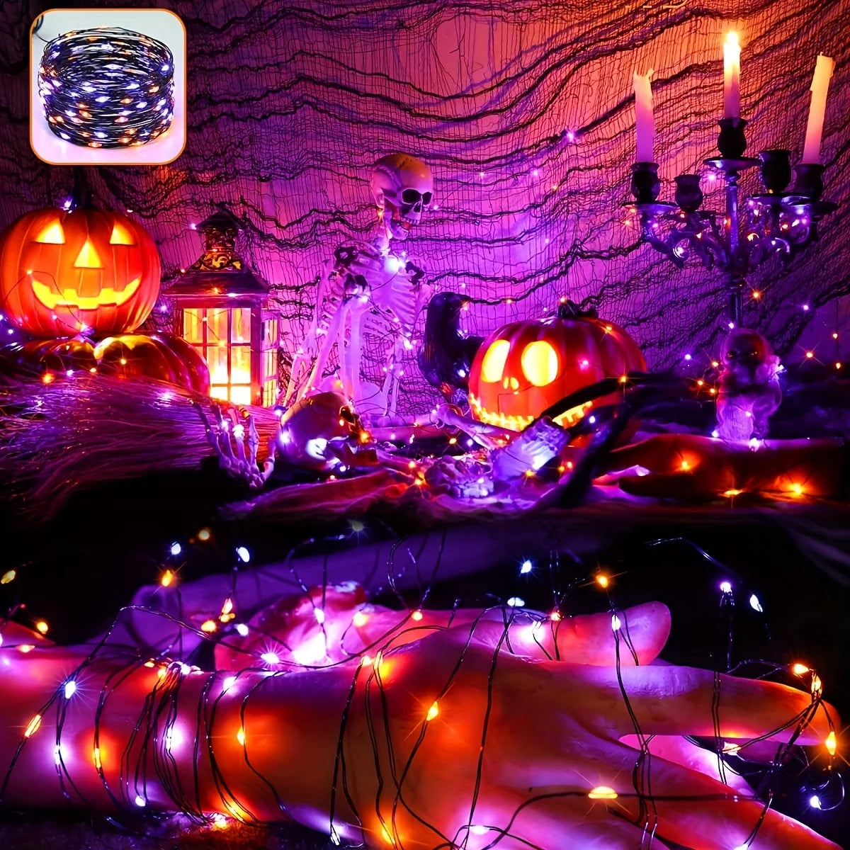 Purple and orange LED fairy string lights draped across Halloween porch decor