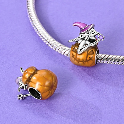 925 sterling silver pumpkin Halloween charm bead with purple witch hat and black top