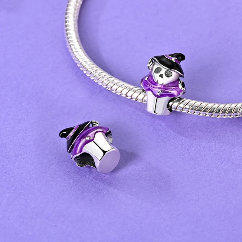 925 sterling silver black cat Halloween charm bead with purple witch hat