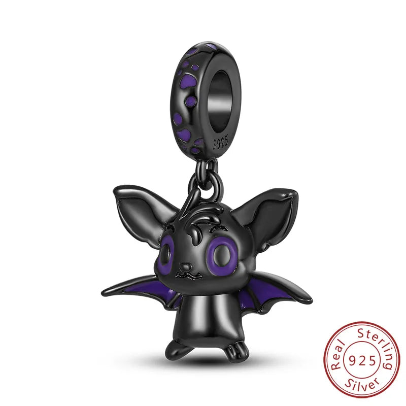 925 sterling silver cat charm bead with purple enamel eyes and hanging loop
