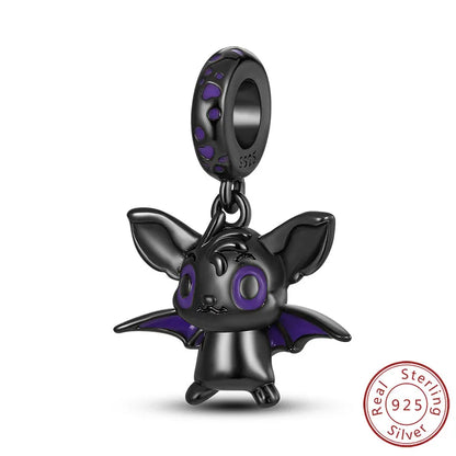 925 sterling silver cat charm bead with purple enamel eyes and hanging loop